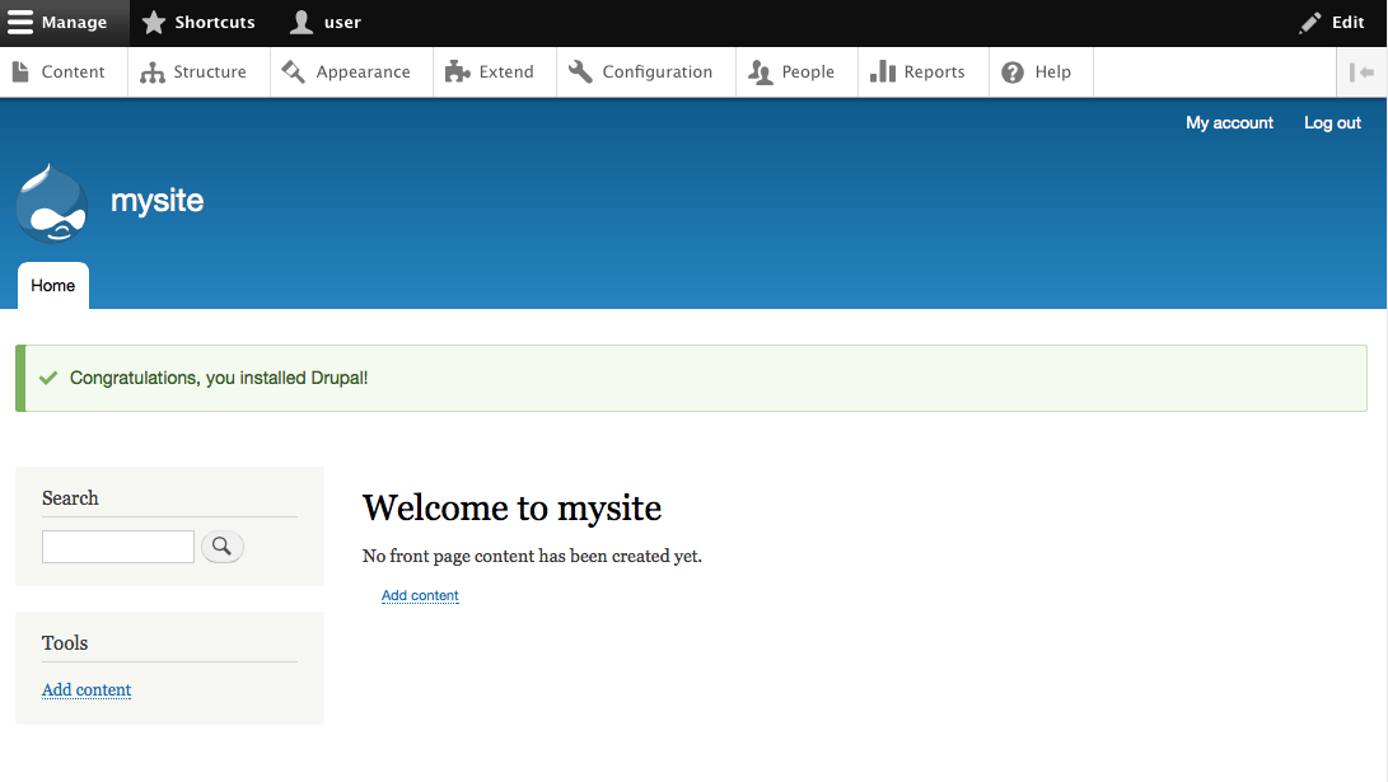 Drupal 8 installed welcome. Drupal 8 installed welcome.