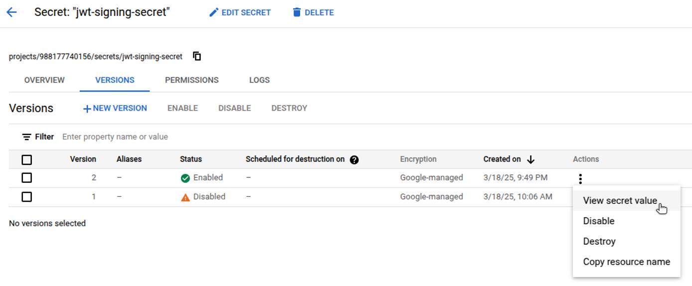 GCP Secret Manager UI displaying how to value of a selected secret. GCP Secret Manager UI displaying how to value of a selected secret.