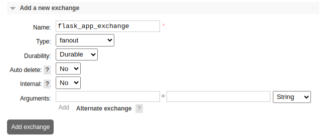 The RabbitMQ interface showing steps to create a new exchange.