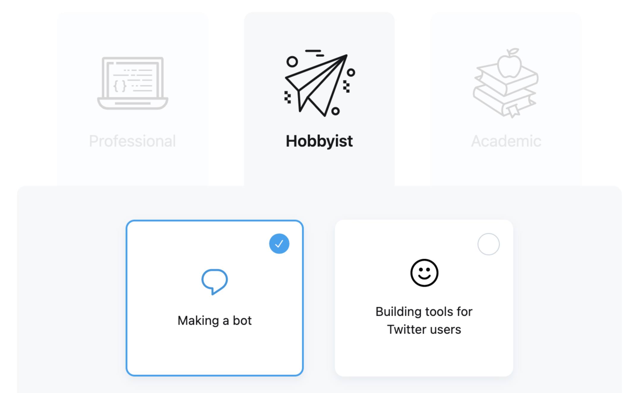 Twitter developer application - which best describes you question with Hobbyist and Making a bot options selected Twitter developer application - which best describes you question with Hobbyist and Making a bot options selected