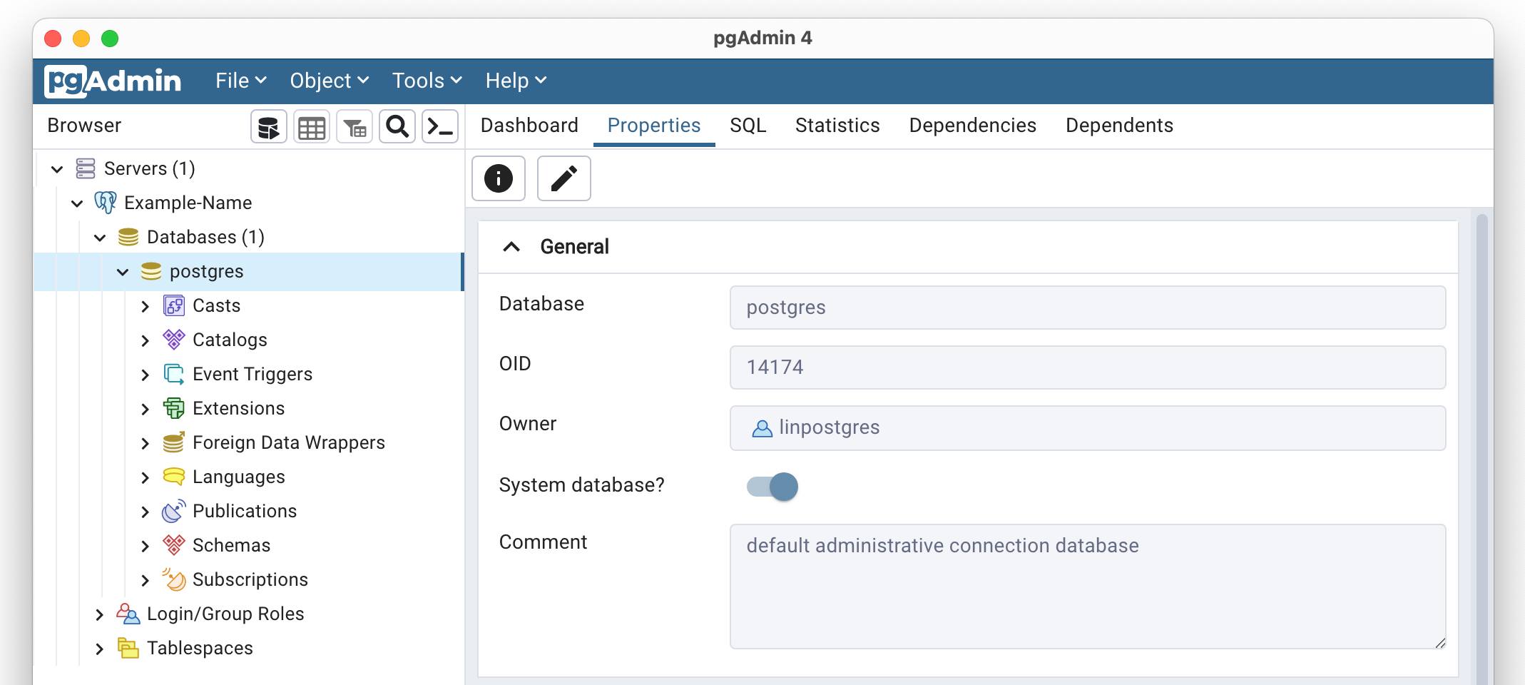 Screenshot of the browser window in pgAdmin 4 Screenshot of the browser window in pgAdmin 4