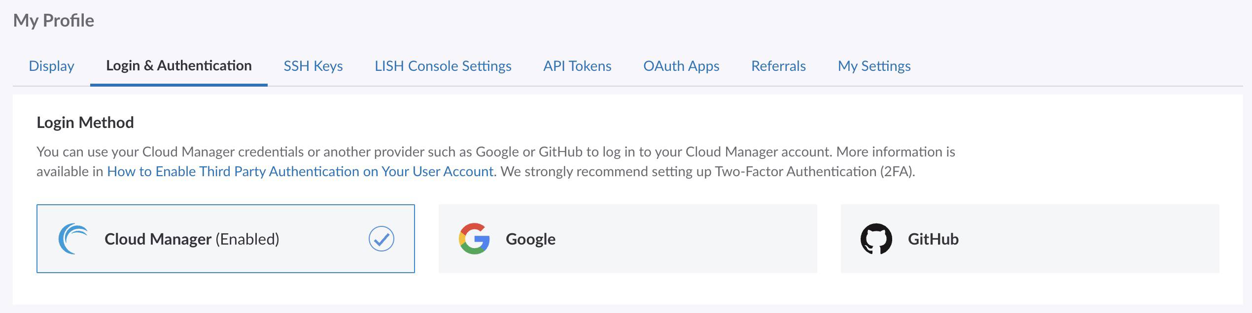Screenshot of the Login Method section Screenshot of the Login Method section